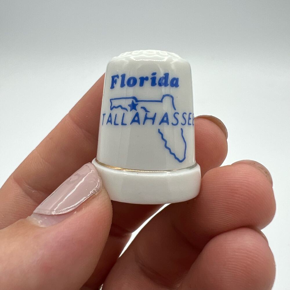 Florida Tallahassee Porcelain Souvenir Thimble - White with Blue Design